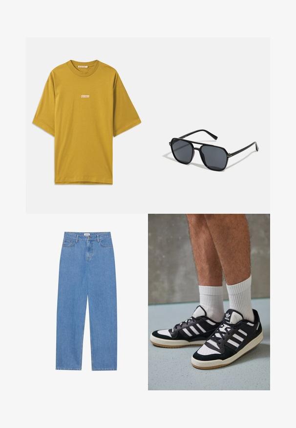 Garuos geltonos medvilnės marškinėliai su apvaliu kaklu, trumpomis rankovėmis ir mažu stačiakampiu žymeniu, kuriame raudonai pateikta prekės ženklo pavadinimas.; Šviesiai mėlynos džinsinės kelnės su tiesiu kirpimu, penkių kišenių dizainu, vieno mygtuko užsegimu ir subtiliomis siuvimo detalėmis siūlėse.; Juodos ir baltos sportinės bateliai su zomšiniu ir odiniu viršumi, su trimis baltomis juostelėmis, perforuota koja ir guminėmis padais.; Juodos akiniai nuo saulės su aštuonkampiu rėmeliu, tamsiais objektyvais, blizgiu paviršiumi, plonomis šakutėmis ir auksinėmis akcentais priekyje.