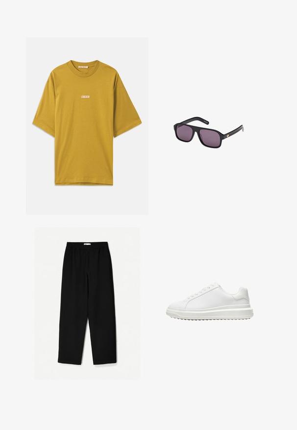 Mustard yellow cotton t-shirt with a round neckline, short sleeves, and a small rectangular label featuring the brand name in red.; Black, wide-leg pants made from a lightweight fabric. Features an elastic waistband and a smooth texture. No visible patterns or hardware.; White sneaker with a smooth synthetic upper, round toe, flat laces, textured sole, and a layered, platform design for added height.; Black sunglasses with a square frame, dark lenses, and a gold logo accent on the arm. Smooth plastic material with a matte finish.