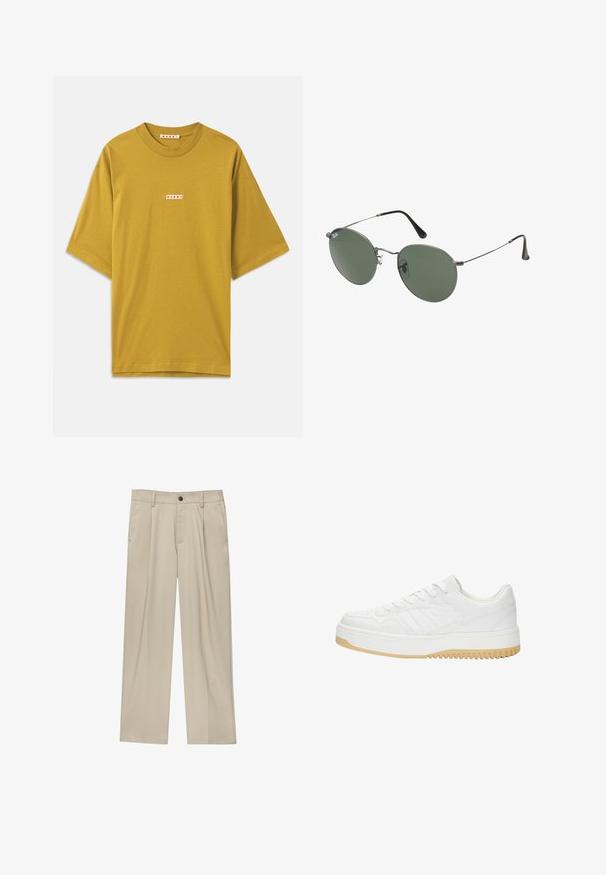 Mustár sárga pamut póló kerek nyakkivágással, rövid ujjakkal, és egy kis téglalap alakú címkével, melyen piros betűkkel szerepel a márkaneve.; Beige egyenes szárú nadrág, egy fekete gombbal, övhurkokkal és oldalzsebekkel. Sima szövettextúra és minimális design.; Fehér bőr sneaker, texturált felülettel, gumitalppal, fűzős kialakítással és diszkrét csíkozással az oldalakon.; Fémkeretes napszemüveg ovális zöld lencsékkel. Vékony ezüst színű fémkeret és fekete fülrész. Minimalista dizájn, látható logók nélkül.