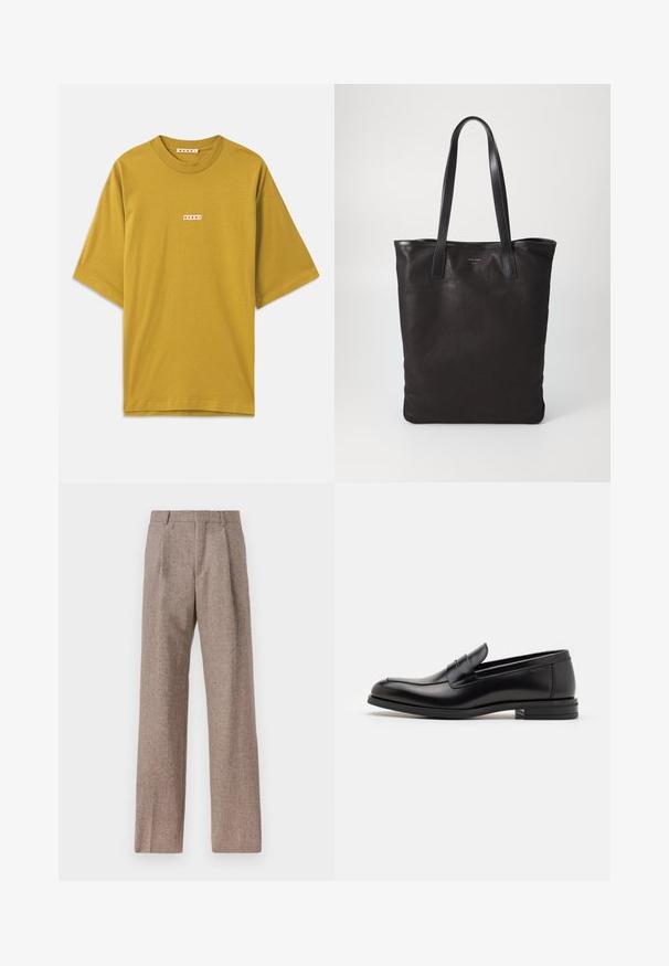 Musztardowa bawełniana koszulka z okrągłym dekoltem, krótkimi rękawami oraz małą prostokątną metką z nazwą marki w kolorze czerwonym.; Brązowe, wysokiej talii spodnie wykonane z teksturowanej tkaniny. Posiadają szerokie nogawki i dwa przednie zakładki dla lepszej struktury. Starannie wykończone, bez widocznych elementów metalowych.; Czarne skórzane mokasyny o gładkiej fakturze, zaokrąglonym nosku i dekoracyjnym pasku na przodzie. Niski, warstwowy obcas, minimalistyczny design.; Czarna torba na ramię z czarnymi skórzanymi uchwytami. Prosty design, pojemne wnętrze i gładka faktura. Bez widocznych logo ani wzorów.