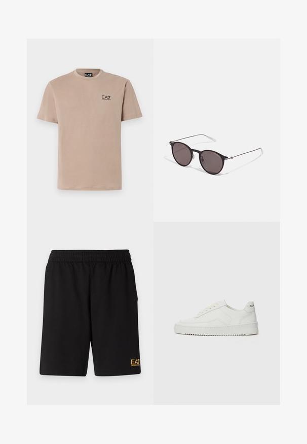 Bežs kouta apkakles T-krekls, izgatavots no mīksta kokvilnas, ar mazu melnu EA7 logo kreisajā krūšu pusē un īsām piedurknēm.; Melnas sporta šortus, kas izgatavoti no mīksta auduma, ar elastīgu jostu un mazu dzeltenu EA7 logo zem kreisā kājas stūra.; Baltas ādas sneakers ar gludu virsmu, apaļu pirkstu daļu, plakaniem šņorēm un teksturētu zoli. Satur diskrētu logotipu uz papēža.; Melni apaļi saulesbrilles ar tumšiem lēca un plānām metāla stangām. Iekļautas caurspīdīgas tempļu galviņas un sudraba akcenti pie eņģes. Minimalistisks dizains.
