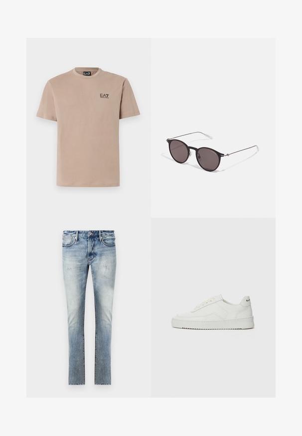 Bežinė viršūnė su apvaliu kaklu, pagaminta iš minkštos medvilnės, su mažuoju juodu EA7 logotipu kairėje krūtinės pusėje ir trumpomis rankovėmis.; Šviesiai mėlyni džinsai su nuvalytu paviršiumi, aptemptas fasonas, penki kišenės ir kontrastingos siūlės.; Balti odiniai sportiniai bateliai su lygia apdaila, apvaliu pirštu, plokščiais raišteliais ir tekstūruotu padu. Pasižymi subtiliu logotipu ant kulno.; Juodos apvalios saulės akinių su tamsiais lęšiais ir plonomis metalinėmis šakomis. Įtraukti skaidrūs šventyklų galai ir sidabriniai akcentai vyrio srityje. Minimalistinis dizainas.
