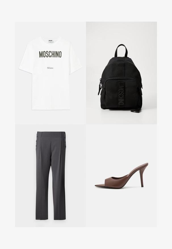 Tricou alb din bumbac cu text negru îndrăzneț: "MOSCHINO" sus și "Milano" dedesubt, croială lejeră cu mâneci scurte standard.; Cămașă albă cu un guler standard și mâneci lungi, având o textură plisată pe partea din față, cu nasturi mici aurii.; Pantaloni gri, ajustați, cu design drept, pliuri frontale și butoni decorativi pe laterale pentru un plus de detaliu. TEXTURA netedă a țesăturii.; Mule-uri din piele maro, cu vârf deschis și toc înalt, cu un design elegant, având o curea frontală lată și un toc subțire de tip stiletto.; Rucsac negru Moschino cu un buzunar frontal cu fermoar, mâner superior și detaliu cu logo pe panoul buzunarului frontal.