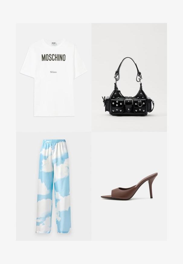 Fehér pamut póló, merész fekete felirattal: "MOSCHINO" felül és "Milano" alul, laza szabású, standard rövid ujjú.; Égkék nadrág felhőmintával, sima anyagból készült, rugalmas derékkal és széles lábakkal. Nincsenek látható zsebek vagy fém alkatrészek.; Barna bőr nyitott orrú magassarkú papucs, letisztult dizájnnal, széles elülső pánttal és karcsú stiletto sarokkal.; Fekete bőr kézitáska ívelt designnal, ezüst szegecsekkel, csattal és két oldalsó zsebbel. Állítható vállpánt a hordozási lehetőségekhez.