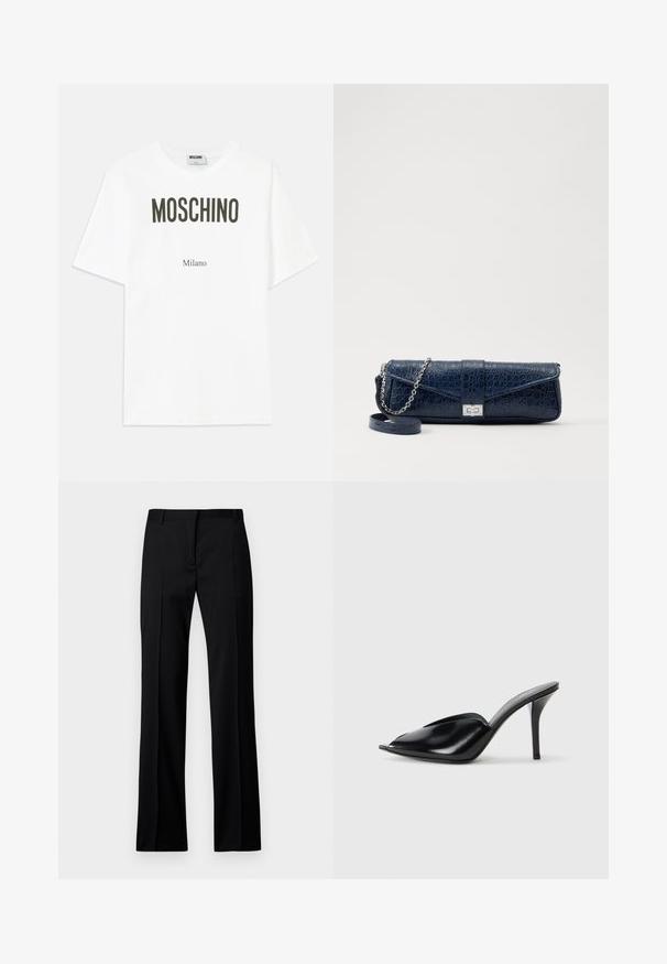 Biela bavlnená tričko s výrazným čiernym textom: "MOSCHINO" v hornej časti a "Milano" nižšie, voľný strih so štandardnými krátkymi rukávmi.; Čierne nohavice v rovnom strihu z hladkej tkaniny, so plochým predným dielom, pútkami na opasok a bez viditeľných vreciek alebo ozdôb.; Čierne kožené vysoké podpätky s otvorenou špičkou, špicatý dizajn, hladká textúra a štíhly stiletto podpätok.; Tmavomodrá kožená kapsička s krokodílovou textúrou, strieborný reťazový popruh a kovová spona. Obdĺžnikový tvar so sklápacím dizajnom.