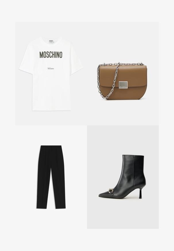 Hvid bomulds T-shirt med fed sort tekst: "MOSCHINO" øverst og "Milano" nedenunder, afslappet pasform med standard korte ærmer.; Sorte bukser med lige pasform, der har dobbelte folder, en glat tekstur og et klassisk taljedesign. Ingen synlige hardware eller accenter.; Sort læder ankelstøvle med spidse tæer, slank hæl i mellemhøjde og sølvspænde detaljer på siden mod en ensfarvet baggrund.; Brun læder crossbody taske med en buet form, sølv kædested og en firkantet metallisk spænde detalje på forsiden.
