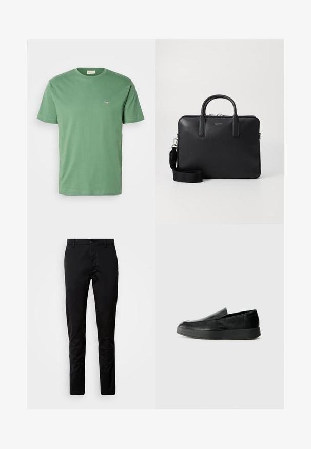 GANT PRINTED ARCHIVE SHIELD - Paprasti marškinėliai - dried forest; Juodi aptemti kelnių, pagaminti iš lygaus audinio. Yra juosmens juosta su mygtuku ir tiesių kirpimų kojomis.; Calvin Klein HYBRID CUP - Įmautiniai batai - triple black; Juodas odinis portfelis su tekstūruotu paviršiumi, dviem rankenomis, nuimama petneša ir priekyje esamu logotipo detaliu. Uždarymas užtrauktuku.