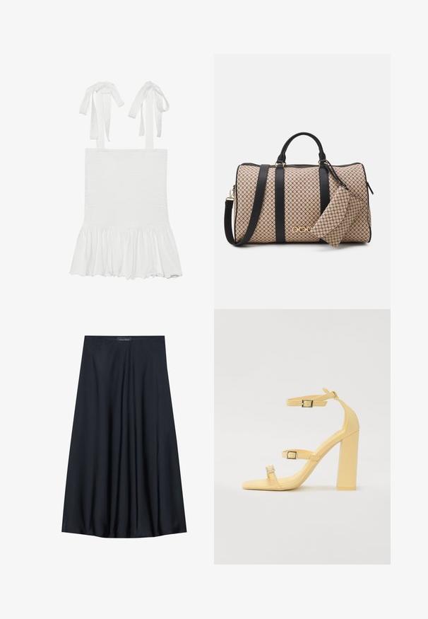 Hvid smocket tanktop med volangnederdel, med justerbare snore på skulderremmene. Glat tekstur og let stof.; Ärmløs gul top med en tekstureret overflade og en sammensnørret detalje i siden. Blødt stof og en afslappet pasform, med en lige kant.; Sort, knælang nederdel lavet af letvægtsstof med et svævende design. Har en glat tekstur og subtile plisseringer for en ekstra detalje.; Gule blokhælede sandaler med tre justerbare remme, firkantet tådesign, glat syntetisk materiale og sølvfarvede spænder.; Duffel taske med en beige mønstret ydre, sorte læderstropper, gyldent hardware og en lille matchende pung fastgjort. Struktureret design.; Guldtonet rektangulær armbåndsur med en hvid skive, sølvtonede time markører og et holdbart metalled. Vandafvisende funktion inkluderet.