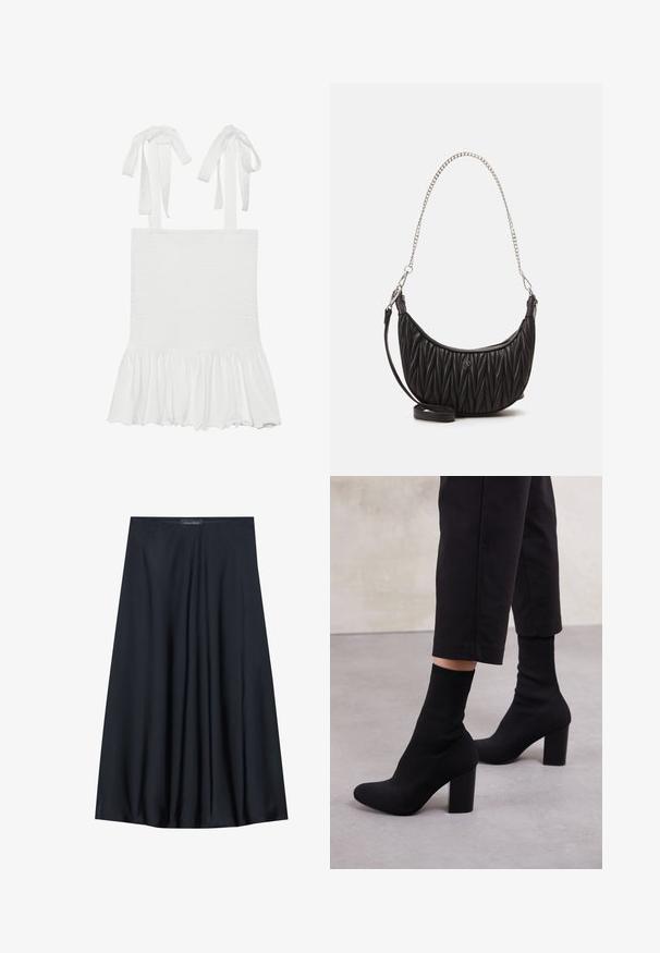 Bela smockana majica brez rokavov z volanastim robom, ki ima nastavljive vezi na naramnicah. Gladka tekstura in lahka tkanina.; Črna krila do kolen, izdelana iz lahkotnega blaga s sproščenim dizajnom. Ima gladko teksturo in subtilne gube za dodatne podrobnosti.; Črne gležnjarje z visokimi petami in rebrastim zgornjim delom, gladko površino, okroglo konico in blok peto za stabilnost.; Črna torbica iz umetnega usnja z prešito teksturo, ukrivljeno obliko, srebrno verižico in malim logotipom spredaj.; Zlato obarvana pravokotna ročna ura z belo številčnico, srebrnimi kazalci in trdno kovinsko zapestnico. Vključena je vodoodporna funkcija.