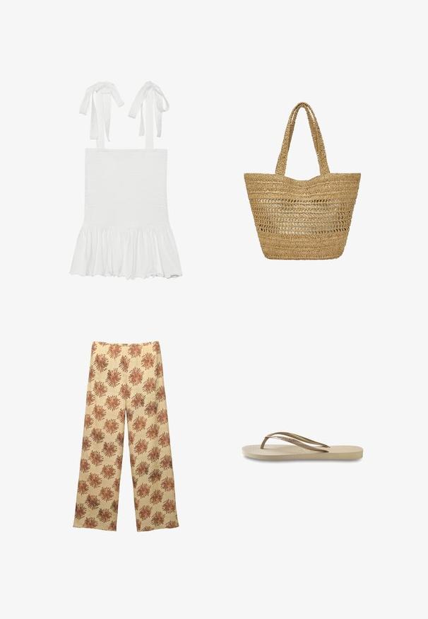 Top smock bianco con orlo volant, con spalline regolabili. Tessuto morbido e leggero.; Pantaloni a gamba larga realizzati in tessuto morbido con uno sfondo beige e un motivo floreale ripetuto di colore ruggine. Vita elasticizzata per il massimo comfort.; Infradito beige chiaro con soletta testurizzata, suola piatta e sottili cinturini lucidi. Presenta un marchio discreto sul cinturino.; Borsa a tracolla in paglia intrecciata di colore beige naturale, con due manici robusti, caratterizzata da un design a trama aperta e da un ampio interno.