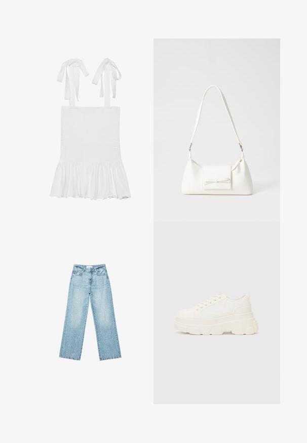 Hvid smocket tanktop med volangnederdel, med justerbare snore på skulderremmene. Glat tekstur og let stof.; Lyseblå denim bukser med bred benvidde og høj talje, præget af en falmet vask og små, spredte slidte detaljer overalt.; Hvide lærreds sneakers med en kraftig sål, rund tå og fem snørehuller. Bagstrop for nem påtagning. Glat tekstur, minimalistisk design.; Hvid syntetisk håndtaske med en trekantet form, flad forsideklap og sløjfedetalje, justerbar strop, glat tekstur og minimalistisk design.