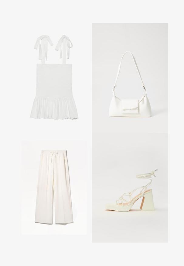 Weißes gerafftes Tanktop mit Rüschensaum, ausgestattet mit verstellbaren Bindebändern an den Schulterträgern. Glatte Textur und leichtes Material.; Weiße weite Hosen aus leichtem Stoff, mit elastischem Bund, Kordelzug und seitlichen Taschen, ohne sichtbare Muster.; Weiße High-Heel-Sandale mit einem klobigen Absatz, die über ein Riemchendesign und ein Knöchelband verfügt. Glatte Textur mit einer Plattform vorne für zusätzliche Höhe.; Weiße synthetische Handtasche in dreieckiger Form, flache Vorderklappe und Schleifendetail, verstellbarer Trageriemen, glatte Textur und minimalistisches Design.