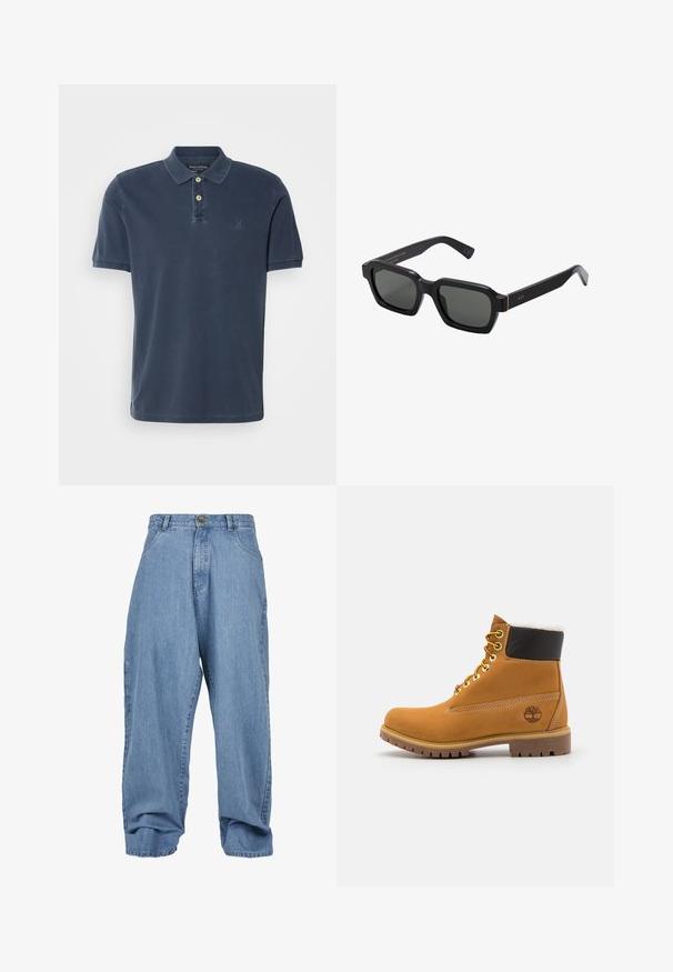 Navyblauwe polo-shirt van katoen, met een klassieke kraag, korte mouwen, een twee-knopenbusted en een subtiel logo op de borst.; Lichtblauwe denim broek met een losse fit, knoopsluiting, voorzakken en een opgekrulde zoom, met een klassieke vijf-zakken ontwerp.; Bruine leren enkellaars met metalen oogjes, witte faux bont voering, zwarte gewatteerde kraag, robuuste zool en een reliëflogo aan de zijkant.; Zwarte, vierkantvormige zonnebril met grijzige lenzen. Dikke plastic montuur met gouden accenten en branding op de poot. Soepele textuur.