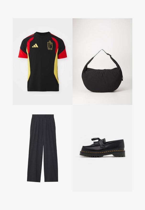 Juodas sportinis marškinėlis su raudonais ir geltonais akcentais, su Adidas logotipu priekyje ir Belgijos simboliniu emblema.; Tamsiai pilkos spalvos plačios kojos kelnės. Su klostėmis ties juosmeniu, pritaikyta konstrukcija ir tiesi siluetas.; Juodas odinis loaferis su kutais, turintis masyvų juodą pado ir geltonus siūlus palei kraštą. Textūruota danga.; Juodas audinio peties maišas su kreiviu pavidalu, turintis vieną dirželį ir užtrauktuku uždaromą. Minkšta tekstūra, minimalistinis dizainas.