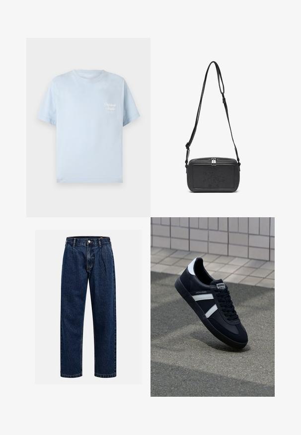 Camiseta de color azul claro hecha de algodón, con cuello redondo, mangas cortas y un pequeño logo blanco en el pecho, con una textura suave.; Jeans de mezclilla azul oscuro con un diseño de pierna recta. Presentan costura visible, cierre de botón y pliegues frontales para un detalle adicional.; Zapatilla de cuero negra con rayas blancas, suela de goma texturizada y parte frontal con cordones. Cuenta con una etiqueta de marca en la lengüeta.; Bolso cruzado de piel negra con cierre de cremallera, logotipo embossing en el frente y correa ajustable. Textura suave con forma rectangular.