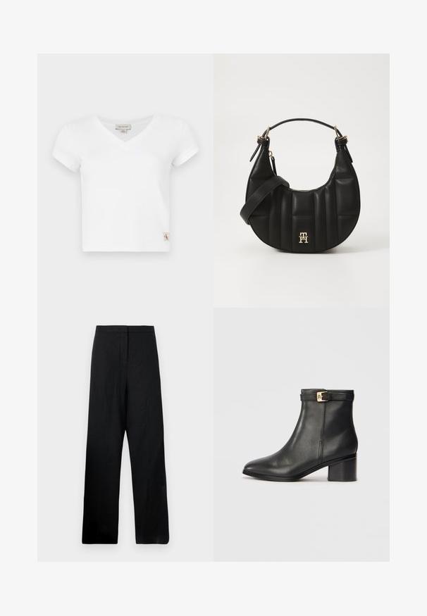 Balta V tipo iškirptė marškinėliai su trumpomis rankovėmis, pagaminti iš raukšlėtos medžiagos. Kairėje pusėje, arti apvado, yra mažas logotipo ženklelis.; Juodos plačios kelnės, pagamintos iš lengvos medžiagos. Turėtų lygų paviršių, aukštą liemenį ir minimalų siuvimo elementų kiekį.; Juodi odiniai kulkšniniai batai su lygia tekstūra, apvaliu nosiu ir auksinės spalvos sagtimi kulkšnies dirželyje. Bloko tipo kulnas.; Juodas odinis rankinukas, su išlenkta forma, siuvinėta tekstūra ir auksiniais akcentais. Pasižymi nuimamu peties diržu ir logotipo detale.