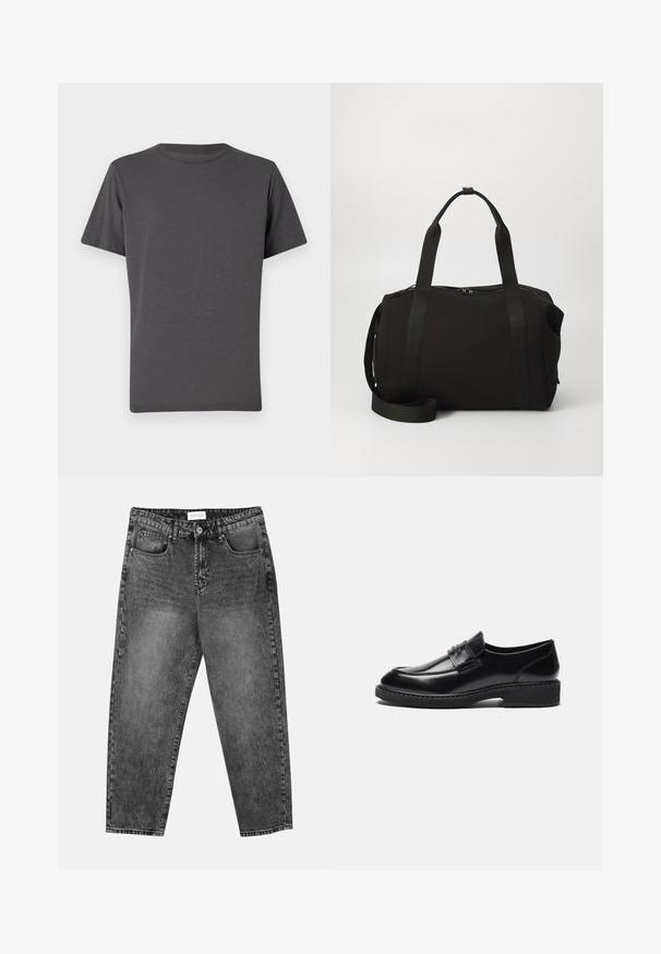 Czarny t-shirt typu crew-neck, krótki rękaw, wykonany z miękkiego materiału. Posiada dyskretną grafikę z przodu, gładką teksturę i minimalne szwy.; Brązowa wełniana koszula z guzikami, z wyłogowym kołnierzykiem, dwiema kieszeniami na piersi i czarnymi guzikami. Gładka tekstura z luźnym fasonem.; Czarne jeansy o prostym kroju, prane na czarno, z kieszeniami z przodu i z tyłu, szlufkami na pasek oraz z zapięciem na guzik w pasie.; Zign - Biznesowe loafersy; Czarna torba typu duffel z grubymi rączkami i odpinanym paskiem. Wykonana z gładkiego materiału, z zapięciem na zamek błyskawiczny i minimalistycznym wzornictwem.