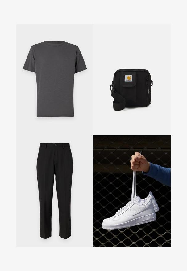 Temno siva majica s kratkimi rokavi in okroglo ovratnikom, izdelana iz mehkega materiala. Ima subtilen logotip na sprednji strani ter gladko teksturo z minimalnimi šivi.; Črne hlače iz gladkega blaga, s straight leg krojem, sprednjimi žepi, enojnim gumbom za zapiranje in brez vidnih vzorcev.; Bela usnjena športna obutev s perforacijami, okroglo konico, ravnim podplatom in debelimi vezalkami, z vidnim logotipom smoosh in napisom "AIR" na peti.; Črna torba čez ramo z zadrgo v glavni preddverju, sprednjim žepom, nastavljivim trakom in vidno oznako na pokrovu.