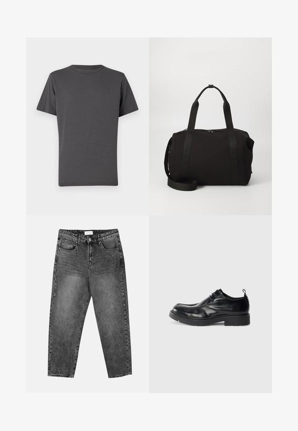 Tummanharmaa pyöreäkauluksinen t-paita, lyhyet hihat, valmistettu pehmeästä kankaasta. Esiintyy hillitty logo edessä, sileä tekstuuri ja vähäiset saumat.; Mustat pesetyt suorat farkut, joissa on etu- ja takataskut, vyölenkit ja nappisuljenta vyötäröllä.; Mustat nahkakengät, joissa on pyöreä kärki, nauhakiinnitys edessä ja koristeellinen sauma. Varusteena paksu, teksturoitu kumipohja ja kanta.; Musta viikonloppulaukku, jossa on paksut kahvat ja irrotettava olkahihna. Valmistettu sileästä kankaasta, jossa on vetoketju suljenta ja minimalistinen muotoilu.