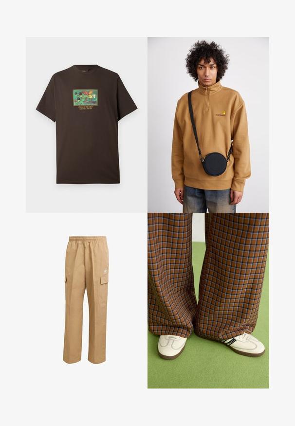 Ruskea puuvillapaita, jossa on värikäs grafiikka hedelmistä ja lehdistä. Lyhyet hihat, rento istuvuus ja pyöreä kaula-aukkosuunnittelu.; Vaaleanruskeat cargo-housut, joissa on joustava vyötärö, kaksi sivupusseja ja pieni valkoinen logo vasemmassa reidessä. Sujuva pinta.; Ruskonsin ja sininen ruutukuvioinen leveälahkeinen housut yhdistettynä valkoisiin kenkiin, joissa on mustia yksityiskohtia ja tekstuuripohjat, vihreää taustaa vasten.; Ruskea neljännesvetoketjullinen fleecesweater, jossa on brodeerattu logo, mustan pyöreän olkalaukun kanssa, jossa on vetoketju ja logotiedot, käytetty farkkujen päällä.