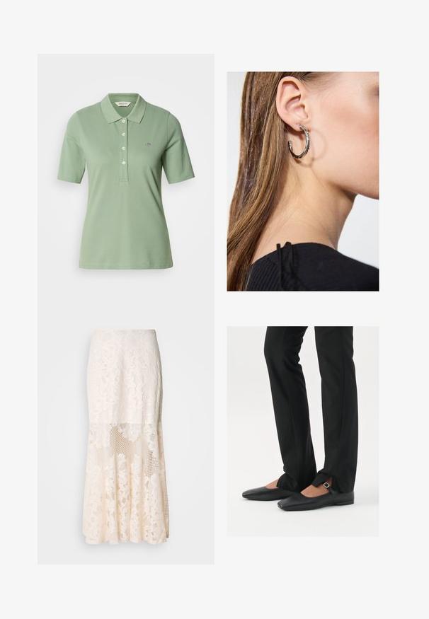 Grønn polo skjorte laget av bomull med slim fit, polokrage, korte ermer, og en liten brodert logo på brystet.; Blomsterbroderi midi skjørt i krem; har lagd design med gjennomsiktige seksjoner, teksturert blonde og flared kant.; Svart skinnballett-sko med spiss tå, stropp med sølvspenne, kombinert med svarte skreddersydde bukser med splitt i kanten.; Sølv ringøredob med en polert finish, med små gull detaljer og en rund form, båret på øreflippen.