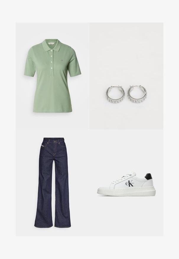 Zaļa kokvilnas polo krekls ar šauru piegriezumu, polo jaku, īsām piedurknēm un mazu izšūtu logotipu uz krūšu.; Tumši zili platleņķa džinsi no denima auduma ar augstu jostasvietu, ar oranžām šuvēm, piecu kabatu dizainu un pogu aizdari.; Baltā zema topa sporta apavas ar melnu papēža cilni, platformas zoli, auklēm un Calvin Klein "CK" logo sānos.; Sudraba gredzena auskari ar faktūras dizainu, kas ietver vertikālas rievas. Apaļa forma ar drošu aizdari. Gluda apdare.
