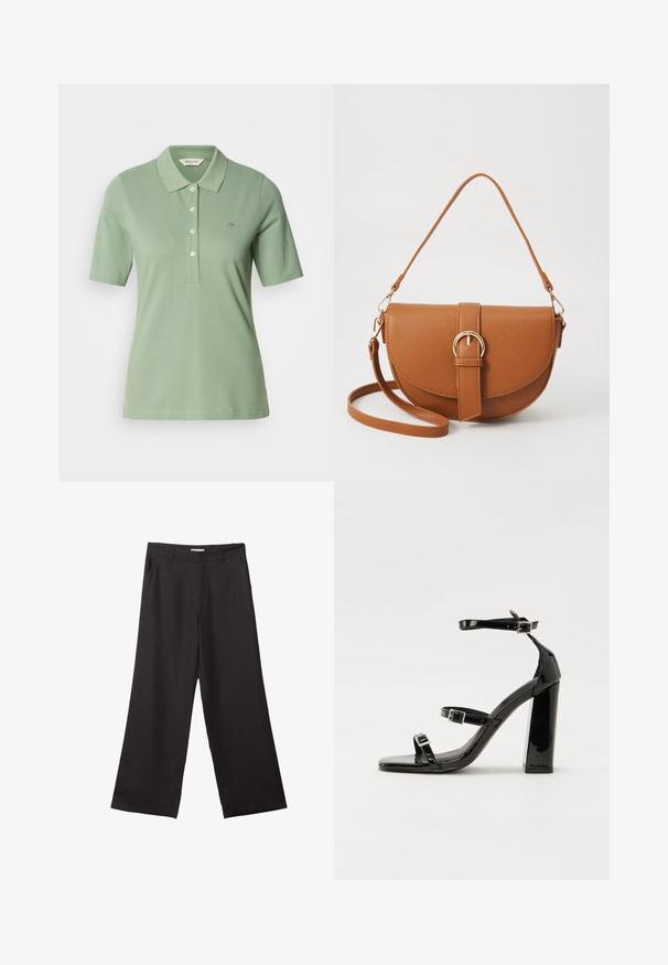 Zeleni polo majica iz bombaža s slim fit krojem, polo ovratnikom, kratkimi rokavi in majhnim vezenim logotipom na prsih.; Črne široke hlače iz gladkega materiala, z sprednjim zadrgo in dvema stranskima žepoma, s prilagojenim krojem in minimalističnim dizajnom.; Črne lakirane sandale s peto, kvadratnim prstom, trakovi okrog gležnja in srebrnimi zaponkami. Opremljene so s stabilno Debelo peto.; Rjava usnjena torbica prek telesa s ukrivljeno obliko, zlate opreme in sponko. Ima odstranljiv naramni trak.