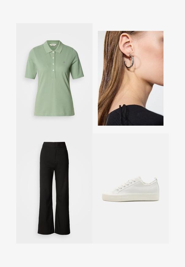 Zaļa kokvilnas polo krekls ar šauru piegriezumu, polo jaku, īsām piedurknēm un mazu izšūtu logotipu uz krūšu.; Melni platlegu bikses ar gludu tekstūru, augsto vidukli un tīru dizainu. Nav redzamu kabatu vai rotājumu.; Baltas audekla tenisa apavi ar teksturētu augšpusi, apaļu purngalu, plakanu zoli un šņorēšanu priekšpusē. Iedziļināti izstrādāta nedaudz nolietota apkakle un cilpa, kas atvieglo uzvilkšanu.; Sudraba auskars ar pulētu apdari, ar maziem zelta akcentiem un apaļu formu, uz ausu ļipiņas.