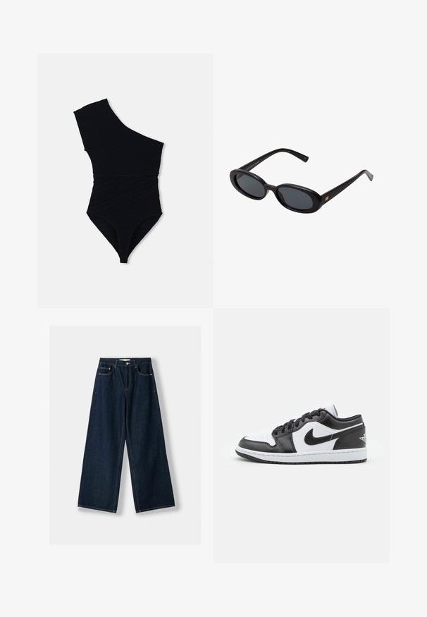 Crni jednodijelni kupaći kostim s dizajnom na jedno rame, teksturiranom rebrastom tkaninom, visokim izrezom na nogama i prilagođenom siluetom.; Tamno plave, široke traperice napravljene od denima. Imaju pet džepova, kopčanje na dugme i patent zatvarač, te detalje s kontrastnim šavovima.; Crno-bijele Nike niske tenisice imaju glatku kožnu gornjište, okrugli vrh, vezanje na vezice i uzorčeni gumeni potplat.; Crne velike sunčane naočale s ovalnim staklima, glatkim plastičnim okvirom i zlatnim detaljima na sljepočnicama. Tamna stakla pružaju zaštitu od sunca.