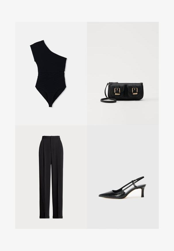 Must musta ühes tükis ujumisriided ühe õlaga disainiga, tekstuuriga ribakangas, kõrge lõikega jalad ja sobiv siluett.; Mustad kohandatud püksid kõrge vöökohtaga, ees plisseeritud, sirge sääre disainiga ja mansetiga hem. Valmistatud sileda kangaga.; Mustmust paelad, millel on terav varvas, tekstuuriga maduprindiga, reguleeritav rihm ja lühike tekstuuriga plokknina.; Must küllastamata nahast õlakott, millel on kaks esist nähtavat taskut, kuldsed pandlad, tõmblukuga sulgemine ja peen rihm. Tekstuuriga pind ja kompaktne ristkülikukujuline kuju.