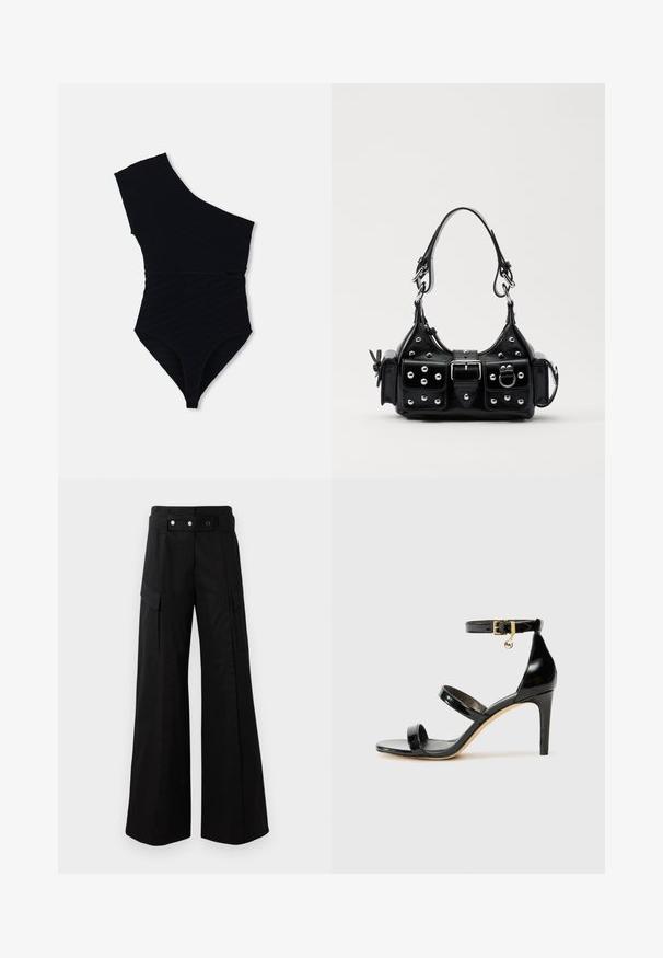 Costum de baie întreg negru cu un singur umăr, fabricat dintr-un material texturat cu dungi, cu picioare înalte și o siluetă ajustată.; Pantaloni evazați negri cu talie înaltă, având buzunare laterale mari, două nasturi frontali și un detaliu cu buclă. Confectionați dintr-un material rezistent.; Sandale negre din piele lacuită, cu trei curele, cataramă la glezna și toc stiletto de 10 cm. Prezintă detalii din metal auriu și un charm cu logo.; Geantă de piele neagră cu un design curbat, dotată cu studuri argintii, o cataramă și două buzunare laterale. Curea ajustabilă pentru opțiuni de transport.