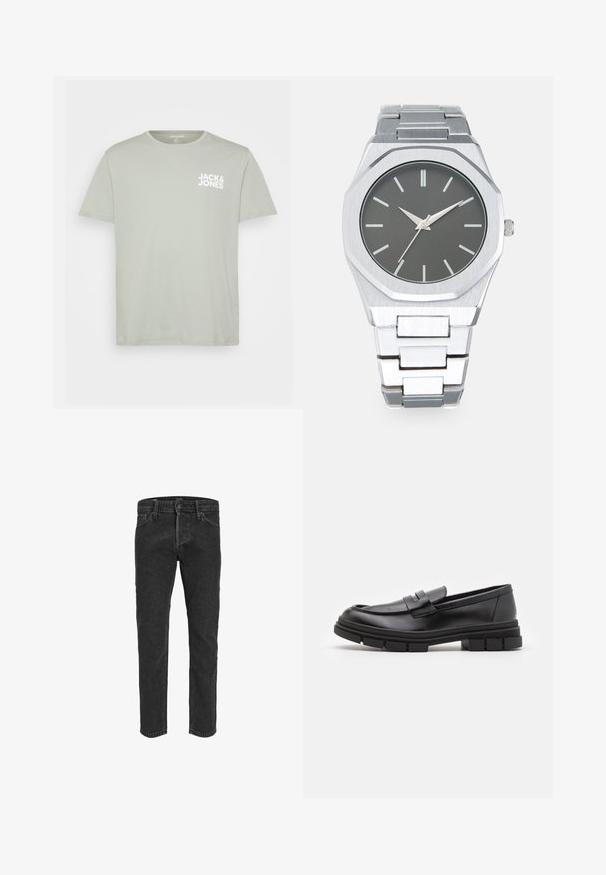 Lühikese varrukaga, helesinine puuvillane T-särk ümarate kaelustega ning valge "JACK & JONES" logo trükitud vasaku rinnaosa peale.; Mustad denim jeans otse lõikega disainiga, viie tasku ja vöödega, millel on veidi kulunud tekstuur ja kontrastne õmblus.; Mustad musta naha sussid sujuva viimistlusega, esiosal rihmaga detail ning paksu kummitaldaga, mis on kaunistatud soontega.; Hõbedane analoogkell, millel on oktagonaalne korpus, hall kelladial, hõbedased näidikud ja roostevabast terasest link-rihm. Minimalistlik disain sujuva tekstuuriga.