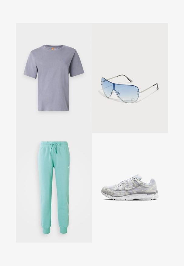 Majica s kratkimi rokavi iz svetlo sive tkanine z okroglim izrezom. Na prsih se nahaja majhna vezenina logotipa. Mehka in gladka tekstura.; Minta zelena trenirka z elastičnim pasom, vrvico in rebrastimi manšetami. Ima majhen beli Nike logotip na levem stegnu.; Svetlo sivi atletski čevlji z zgornjim delom iz mrežaste in sintetične tkanine, opremljeni z vezalkami, oblazinjenim ovratnikom in teksturiranim podplatom za dober oprijem.; Pilotne sončne očala z gradijentnimi modrimi lečami, srebrnim kovinskim okvirjem in okrasnimi zvezdastimi detajli na lečah. Gladek in eleganten dizajn.