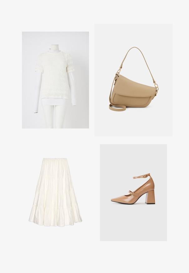 Valge pitsist lühikeste varrukatega pluus keerukate mustritega, kihiliselt kantud sobiva valge pika varrukaga särgi peal, esitletud mannekeenil.; Valgest kihilisest maksiseelist, mis on valmistatud tekstuursest kangast, elastse vöökoht ja voolav siluett mitme volangiga.; Beež patendi nahast kõrged kontsad terava nina, pahkluu rihmaga ja paksu ruudukujulise kontsaga. Sile tekstuur ja läikiv viimistlus.; Even&Odd Käekott - beige