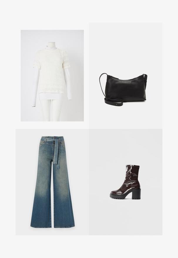 Balta mežģīņu blūze ar īsām piedurknēm un sarežģītiem rakstiem, kas pārklāta ar pieguļošu garām piedurknēm baltu krekliņu, izstādīta uz manekena.; Platām kājām džinsu bikses ar gaismas līdz tumši zilam gradientam, augstu jostas līniju, jostas cilpām un atbilstošu auduma jostu. Tekstūrēts džinsas apdare.; Spīdīgas bordo potīšu botītes ar masīlu melnu papēdi, kurām ir gluda tekstūra un vienkāršs dizains. Nav redzamu aizdari vai rakstu.; Melna ādas plecu soma ar gludu tekstūru, izliekta forma, regulējama siksna un rāvējslēdzēja aizdare. Minimālistisks dizains bez rotājumiem.