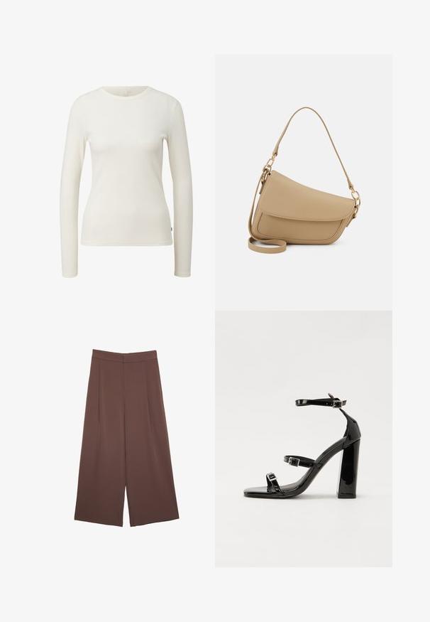 Top a maniche lunghe, a coste, di colore bianco sporco. Presenta un collo rotondo e una vestibilità slim. Tessuto morbido con cuciture minime. L'etichetta mostra la taglia 'S'.; Pantaloni ampi marroni con una texture liscia, caratterizzati da una vita alta e pieghe frontali. Il tessuto è leggero e scorre liberamente.; Sandali con tacco in vernice nera, con punta squadrata, cinturini alla caviglia e fibbie in argento. Presentano un tacco a blocco spesso per maggiore stabilità.; Even&Odd Borsa a mano - beige