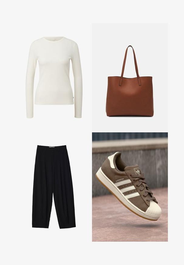 Dlouhý rukáv, ribbovaný top v off-white barvě. Obsahuje kulatý výstřih a úzký střih. Měkká textura s minimálním počtem švů. Štítek zobrazuje velikost 'S'.; Černé široké kalhoty vyrobené z lehké tkaniny, s předními sklady, klasickým pasem a bočními kapsami. Hladký povrch.; Hnědé semišové tenisky s bílými pruhy, krémovými akcenty a gumovou špičkou. Obsahují šněrovací design a strukturovanou gumovou podrážku.; Hnědá kožená taška přes rameno s hladkou texturou, otevřeným designem a dvěma ramenními popruhy. Obsahuje minimální švy a žádné viditelné kovové prvky.