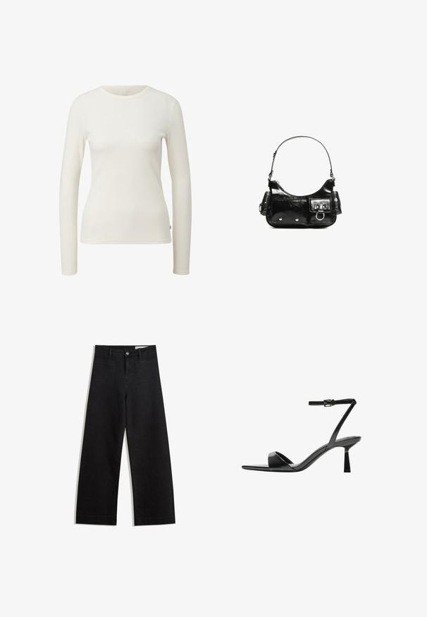 Langärmliges, geripptes Oberteil in Off-White. Besitzt einen runden Halsausschnitt und eine schmale Passform. Weicher Stoff mit minimalen Nähten. Etikett zeigt Größe 'S'.; Schwarze weit geschnittene Jeans mit hoher Taille, ausgestattet mit Vorder- und Hintertaschen, gesteppten Nähten und einem Knopfverschluss. Glatte Textur.; Bershka High Heel Sandalette - black; Schwarze Lackleder-Handtasche mit geschwungenem Design, einem Schulterriemen, Vordertaschen und silberfarbenen Hardware-Akzenten.
