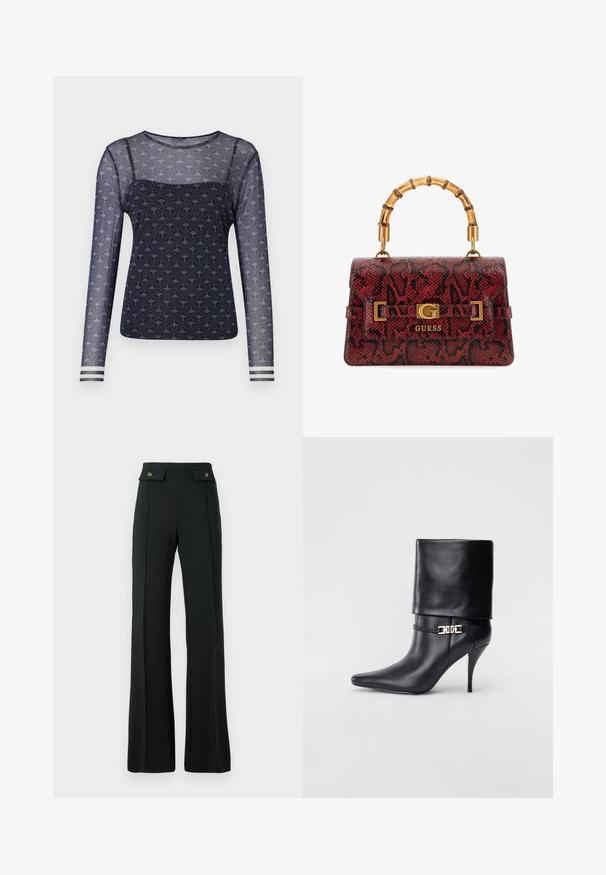 Długi rękaw bluzka z granatowej siateczki o wzorze z jasnoniebieskimi akcentami. Miękka tekstura z paskowanymi mankietami przy nadgarstkach.; Czarna spódnica o wysokim stanie i rozszerzających się nogawkach, z detalami szwu z przodu oraz dwiema kieszeniami z klapką zapinanymi na złote guziki w talii.; Czarne skórzane botki za kostkę z ostrym noskiem, wysokim obcasem w kształcie stiletto, z załamanym mankietem oraz złotym dekoracyjnym zapięciem na kostce.; Guess SIBEL czerwony