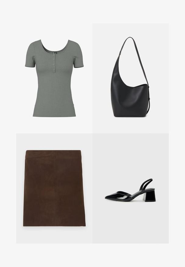 Zaļš ribots īsām piedurknēm tops ar izgriezumu un trīs pogu aizdari. Mīksta tekstūra un pieguļoša forma; smalks horizontāls ribojums.; Brūna zamša mini svārki ar tīru, vienkāršu dizainu. Iekļauj taisnu formu un bezšuvju vertikālu šuvumu ar minimālu dekoru.; Melna lakota āda ar atvērto papēdi, ar smailu purngalu un ģeometrisku blokpapēdi. Iezīmējas elegants, minimāls dizains un gluda tekstūra.; Melnas ādas hobo soma ar gludu tekstūru, izliekta forma un vienu regulējamu jostu; augšā ir plaša atvere.