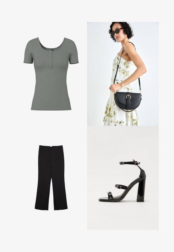 Zeleno rebrasto kratkolisno top s okroglim izrezom in tri gumbi na zapenjanju. Mehak material in prilegnjen kroj; subtilen vodoravni rebrasti detajl.; Črne hlače ravnega kroja z naglavnimi žepi in stranskimi razporki na robu. Narejene iz mehke, gladke tkanine. Primerne za različne priložnosti.; Črne lakirane sandale s peto, kvadratnim prstom, trakovi okrog gležnja in srebrnimi zaponkami. Opremljene so s stabilno Debelo peto.; Črna usnjena torbica s ukrivljeno obliko, z odstranljivo naramnico in zlatimi dodatki. Torbica ima pokrov s podrobnostmi v obliki zaponke.
