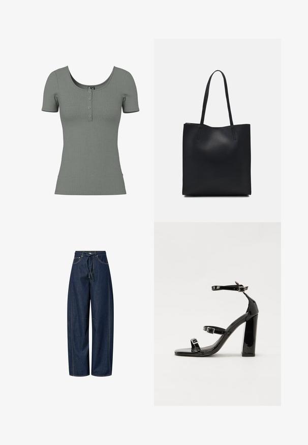 Green ribbed short-sleeve top with a scoop neckline and three-button placket. Soft texture and fitted shape; subtle horizontal ribbing detail.; Wide-leg denim trousers in dark blue with a drawstring waist, contrasting stitching, and two front pockets. Smooth texture, relaxed fit.; Black patent heeled sandals with a square toe, ankle straps, and silver buckles. Features a chunky block heel for stability.; Black leather tote bag with smooth texture, rectangular shape, and two long handles. No visible hardware or embellishments.