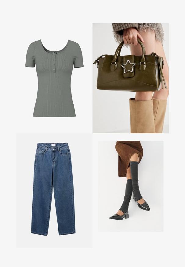 Zelený pruhovaný top s krátkým rukávem a lodičkovým výstřihem, se zapínáním na tři knoflíky. Měkká struktura a přiléhavý střih; jemný vodorovný pruhovaný detail.; Klasické modré džíny z denimu se střihy rovné nohy, pěti kapsami a zapínáním na knoflík. Mají střední odstín a odolnou texturu.; Černé lakované boty s špičatou špičkou, blokovým podpatkem a kotníkovým páskem, spárované s šedými žebrovanými návleky na nohy a hnědskou sukní z semiše.; Olivově zelená kabelka z imitace kůže se stříbrnou hvězdou, dvojitými rukojeťmi a zipovým uzávěrem. Texturovaný povrch a strukturovaný tvar.