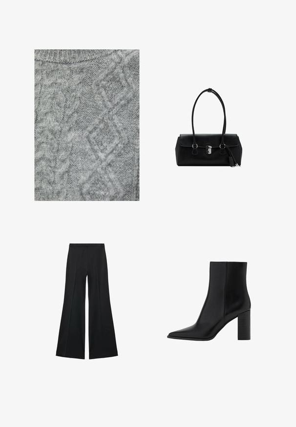 Grauer Strickpullover mit einem Zopfstrickmuster, das rautenförmige und unterschiedliche Texturen aufweist. Rundhalsausschnitt und weicher, dicker Stoff.; Schwarze weit geschnittene Hose mit glatter Textur, ausgestattet mit Frontfalten und einem taillierten Design. Der Stoff ist leicht und fließend.; Schwarze Leder-Ankle Boots mit spitzem Zehenbereich, quadratischem Absatz, glatter Textur und Nähten entlang der Nähte. Die Absätze messen ungefähr 8,9 cm.; Schwarze Lederhandtasche mit glatter Textur, strukturiertem Design, doppelten Griffen und einem silbernen Verschlussdetail in der Mitte.