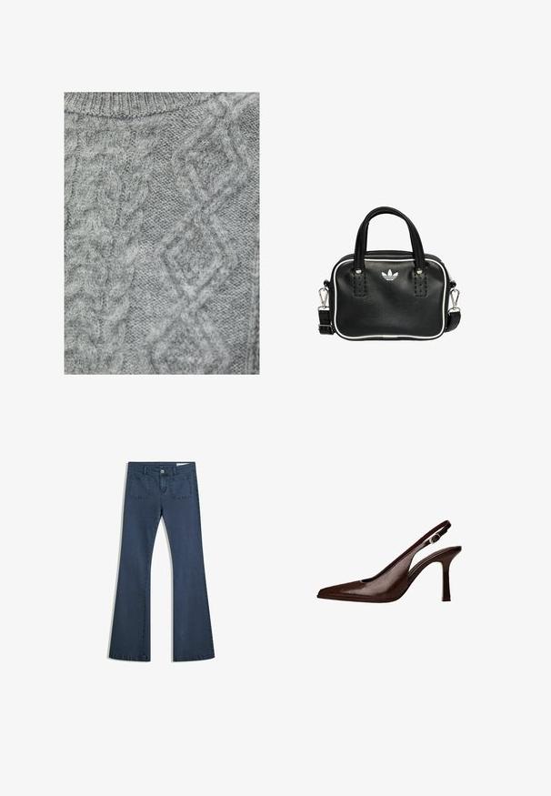 Grijze gebreide trui met een kabelbreipatroon en diamantvormen met verschillende texturen. Ronde halslijn en zachte, dikke stof.; Donkerblauwe flare jeans van denim met gestikte zakken, een knoopsluiting en een soepele textuur. Beschikt over een klassieke vijfzakkenontwerp.; Bruine lederen slingbackpomp met een spitse neus en een dunne hak. Voorzien van een kleine accentgesp op de band en een glossy afwerking.; Zwarte leren handtas met twee korte handvatten, zilverkleurige hardware, witte accenten en een wit logo. Heeft een gestructureerd oppervlak en een compact ontwerp.