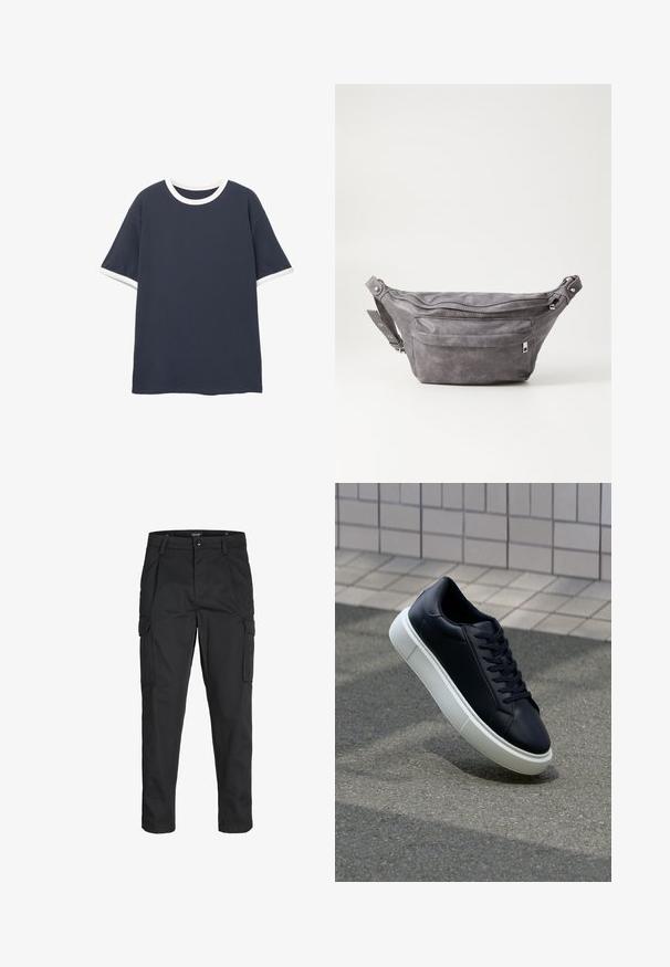 Mørkeblå kortærmet t-shirt med en hvid, rund halsudskæring og ærmekanter. Lavet af glat stof og med en afslappet pasform.; Sorte cargo-bukser lavet af slidstærkt stof, der har flere lommer, en knaplukning og et slim fit design med smalle ben.; Sort lædersneaker med rund tå og hvid gummisål. Har flade snørebånd og minimal syning på overdelen. Tekstureret sål for bedre greb.; Grå suedefanny pack med en rund form, to lynlåslommer og justerbart strop. Har metalhardware detaljer.