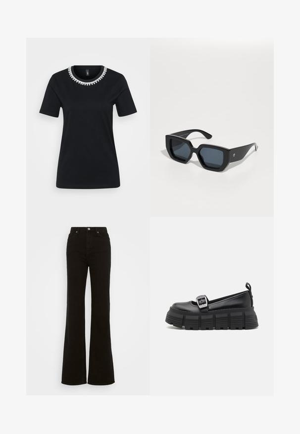 Black short-sleeve t-shirt featuring a decorative beaded neckline. Made of soft fabric with a standard fit and round hem.; High-waisted black flared jeans made of denim, featuring a button closure, side pockets, and a smooth texture.; Black platform loafers with a rounded toe, smooth leather upper, adjustable buckle, and textured rubber sole featuring horizontal ridges.; Black oversized sunglasses with a geometric design, rectangular lenses, and glossy finish. No visible branding on the front.