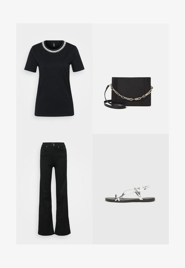 Black short-sleeve t-shirt featuring a decorative beaded neckline. Made of soft fabric with a standard fit and round hem.; Black flared jeans made from denim, featuring a high waist, five pockets, and metal button closure. Smooth texture with minimal detailing.; Silver metallic sandals with a minimal design, featuring thin straps and a black flat sole. Highlights include cross strap accents.; Black leather crossbody bag featuring a smooth texture, rectangular shape, and a metallic chain detail on the front. Adjustable strap included.
