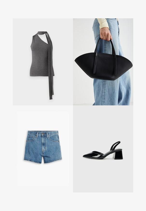 Svart og gråstripet ermeles topp med en asymmetrisk halslinje og en lang, hengende knyte detalj på den ene siden. Laget av mykt stoff.; Lys blå denimshorts med fem lommer, glidelås og knappefeste. Bunnkanten er slitt med et avslappet passformdesign.; Svarte patentlær slingback hæler med spiss tå og geometrisk blokk hæl. Har et stilrent, minimalistisk design og jevn tekstur.; Svart skinnveske med en unik vifteform, med flate håndtak. Overflaten har en pebblelignende tekstur og et minimalistisk design.
