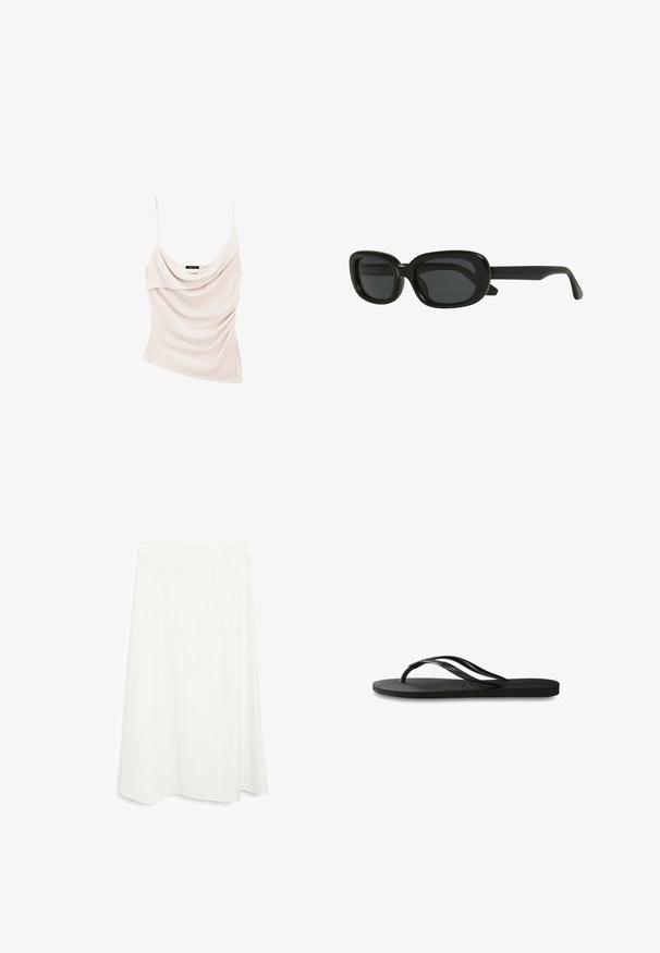 Top in maglia beige chiaro con collo a cowl e spalline sottili, caratterizzato da un tessuto drappeggiato per un aspetto testurizzato e una siluetta aderente.; Gonna bianca fino al ginocchio con forma svasata. Presenta righe verticali e una texture liscia. Vita semplice per una vestibilità sicura.; Infradito neri con suola in gomma testurizzata, due cinghie sottili e un sottile dettaglio del logo impresso sulla cinghia.; Occhiali da sole rettangolari neri con una montatura spessa, lenti scure e un design elegante. Le aste hanno una finitura liscia.; Borsa a tracolla nera in pelle con forma curva, dotata di una chiusura ovale dorata prominente, tracolla regolabile e design minimalista.